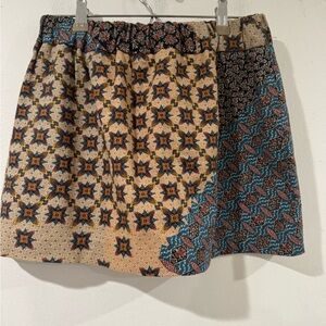 ZARA Patchwork Print Pleated Short Mini Skirt Tan Beige Blue M NWOT